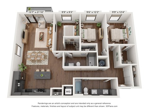 Floor plan for 3 beds, 2 baths, 1394 sqft